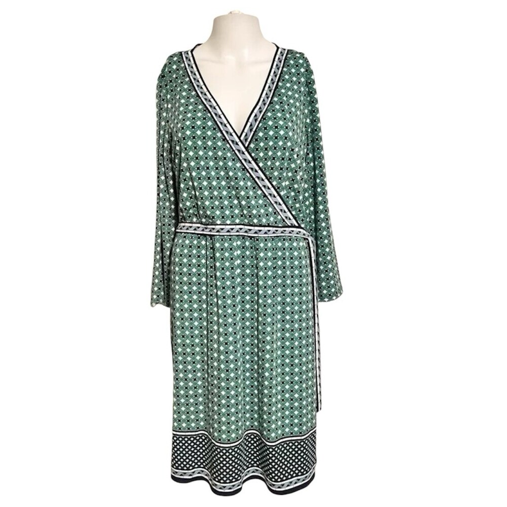 Max Studio Green Blue Geometric Jersey Stretch Faux Wrap V Neck Dress Size Large